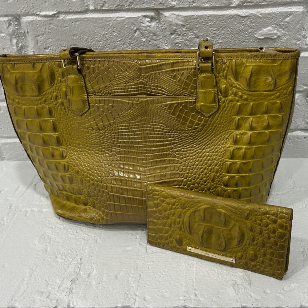 Brahmin Olive Crocodile Embossed Tote and Wallet